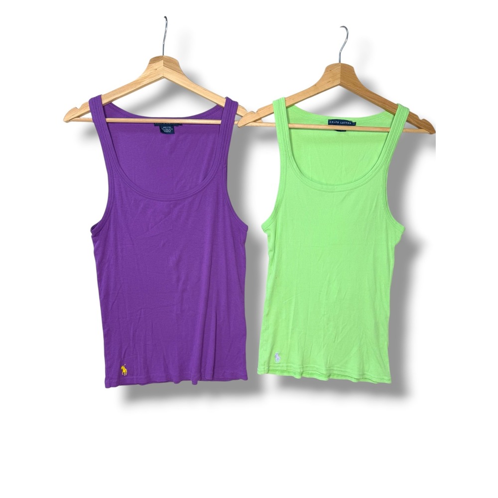 Ralph Lauren Women's L Scoop Neck Ribbed Tank Top Lot Purple Green Vtg Y2K 90's